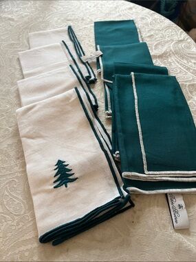 Brooks Brothers White and Teal Pine Embroidered Napkin Set of 8 cotton luxury